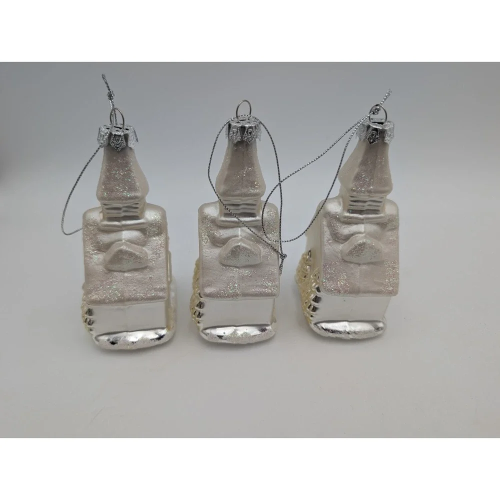Glass Church Chapel Christmas Ornaments Silver White Lot of 3 4 Inch‎